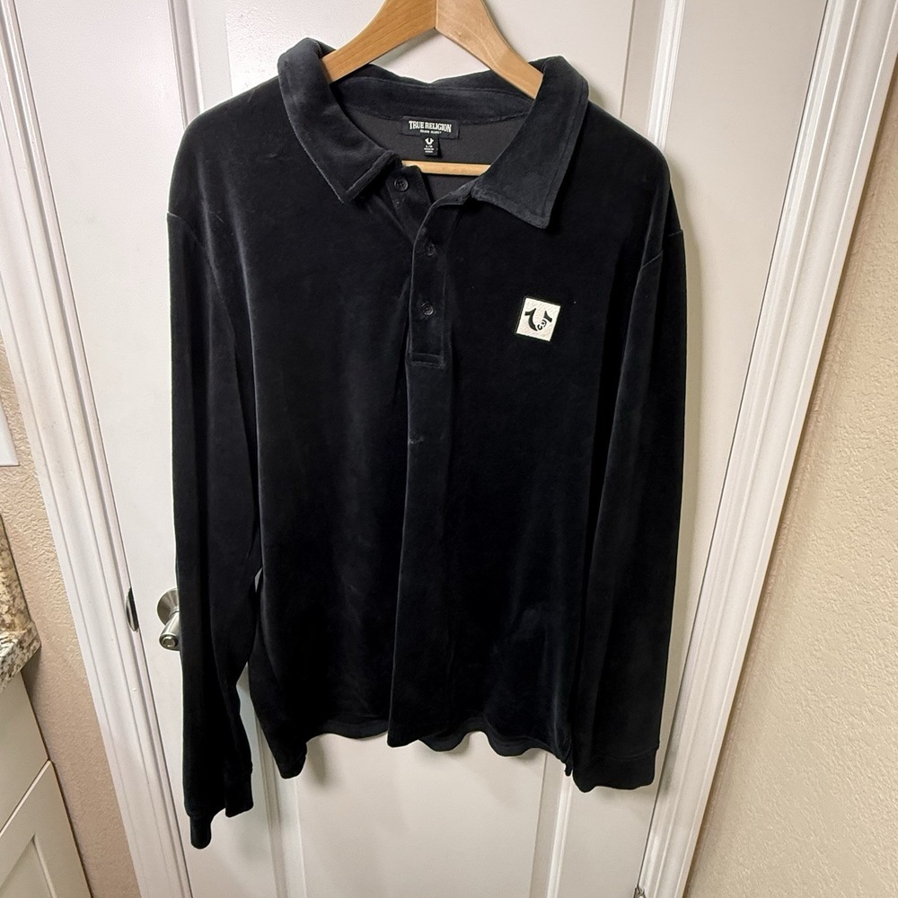 True Religion Mens Large Black Velour Long Sleeve Polo Shirt Logo Y2K 108630